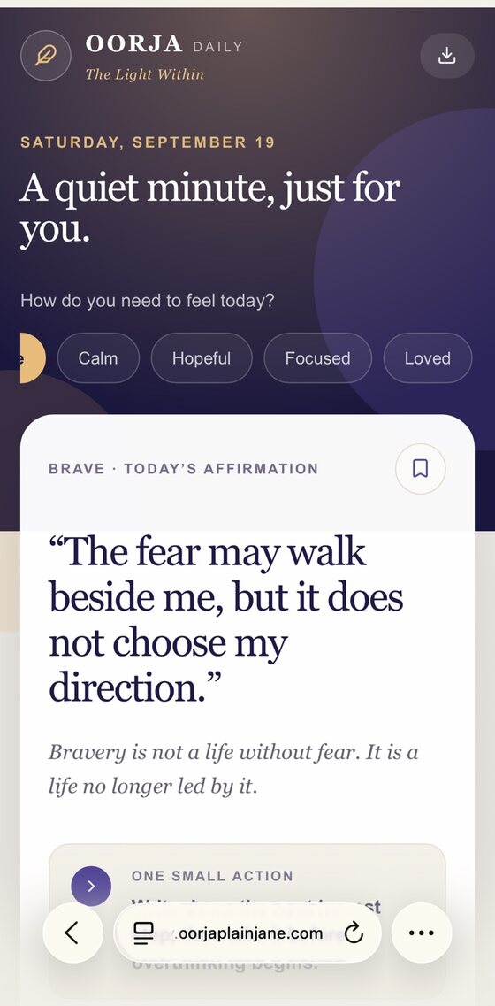 OORJA DAILY open in Safari with the three-dot menu highlighted at the bottom right