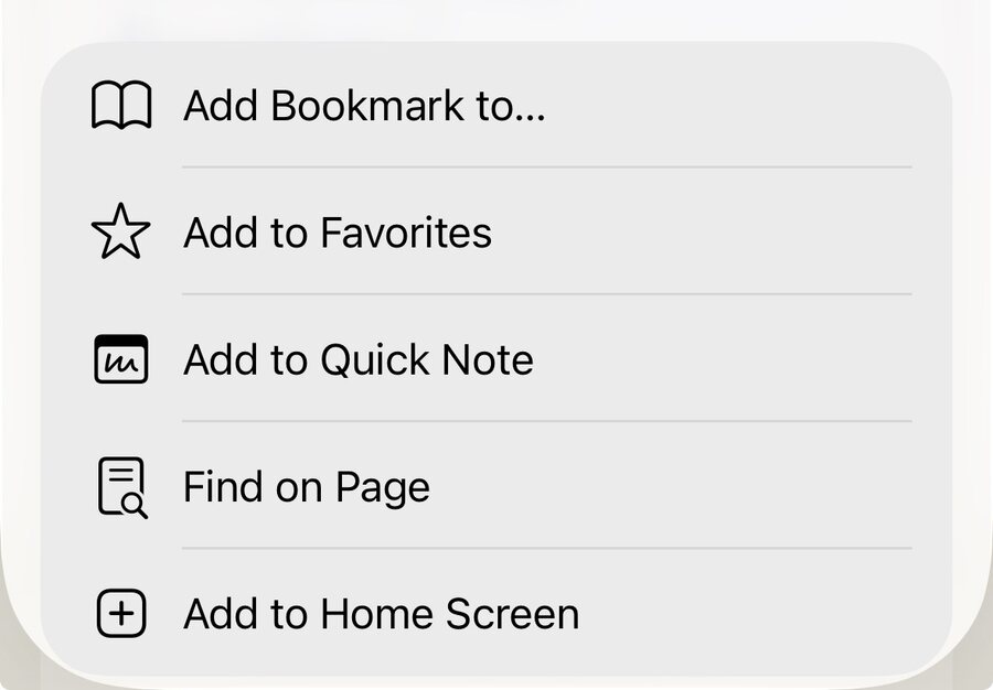 Safari menu showing Add to Home Screen